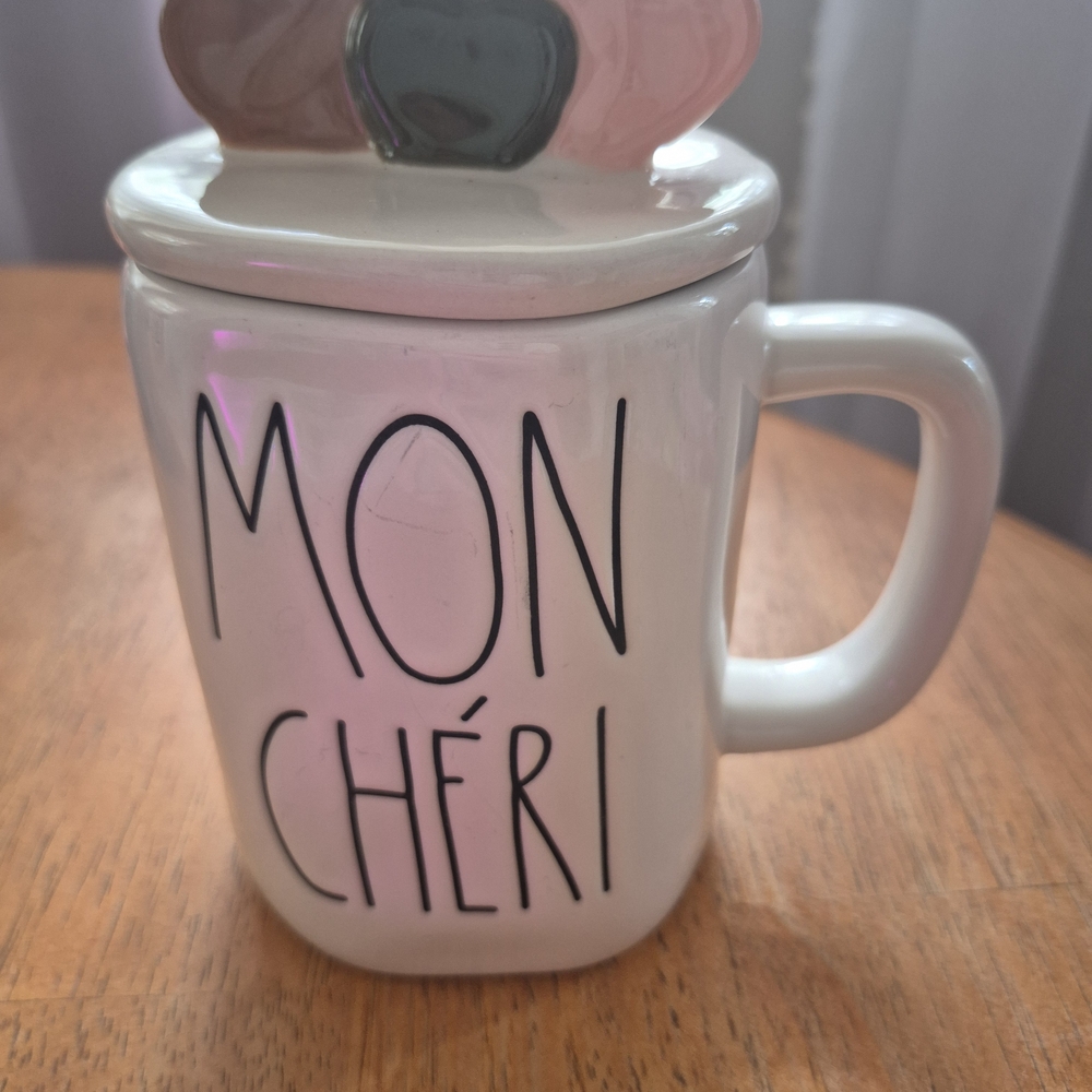 Rae Dunn Mon Chéri Mug with Lid - White and Pink